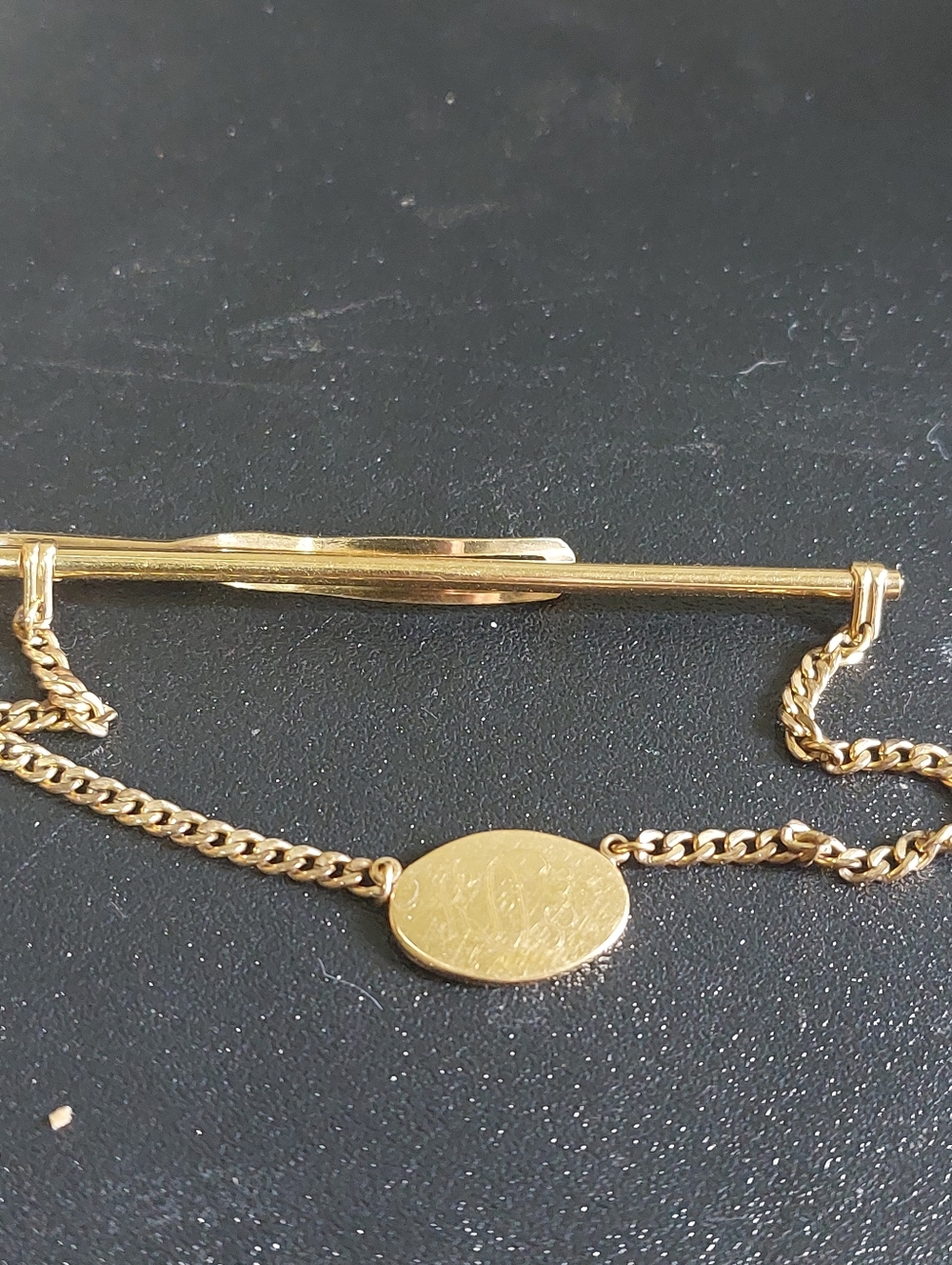 Goldfill Tie Bar, 3" Long, Hanging Chain W/Monogrammed Oval Pendant Vintage